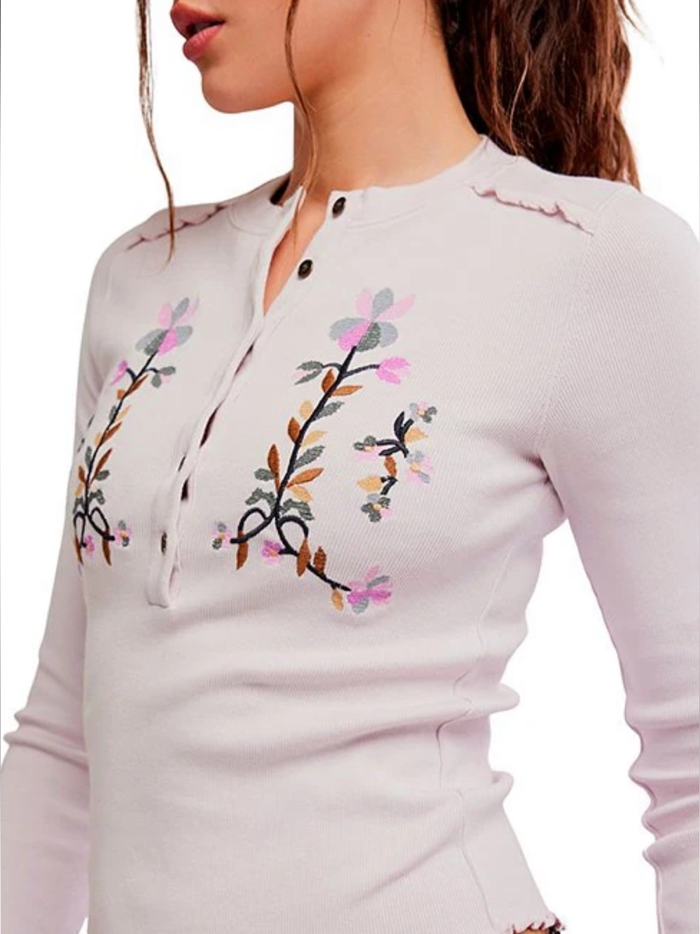 NWT🌷Free People Fleur Embroidered Henley Neck Long Sleeve Top